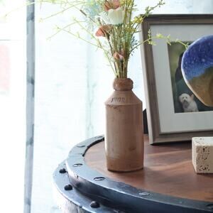 English Stoneware Ginger Beer Bottle Embossed Antique Rich Patina Victorian Era